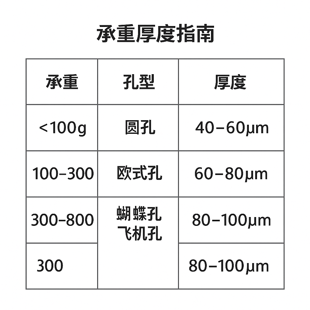挂孔包装和挂孔袋终极指南:孔型、材质、尺寸、承重与应用(图4) 挂孔袋承重厚度指南表:轻质用圆孔、中重用欧式/蝴蝶孔