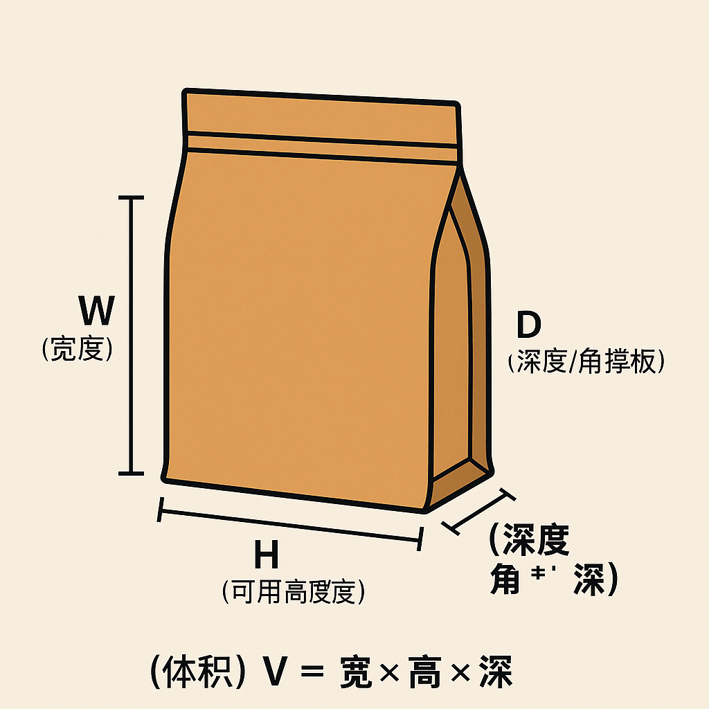如何计算自立袋的体积(图2) 平底袋体积计算公式与结构示意