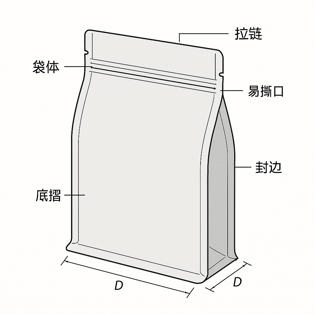 自立袋结构与材料选型指南——软包装工程师的全面解析(图1) 自立袋结构示意:袋体、底褶、封边与易撕口
