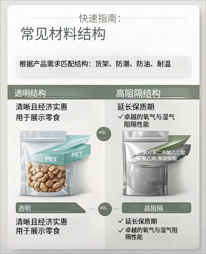 食品软包装材料结构示意：透明结构与高阻隔结构对比