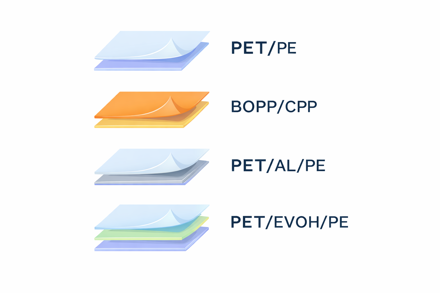 高阻隔食品软包装多层结构与成品应用示意 高阻隔食品软包装示例,展示多层复合膜结构与成品袋型