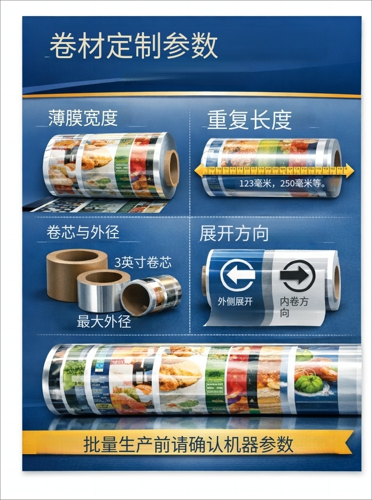 包装卷膜定制参数清单：膜宽、版长、卷芯与卷绕方向