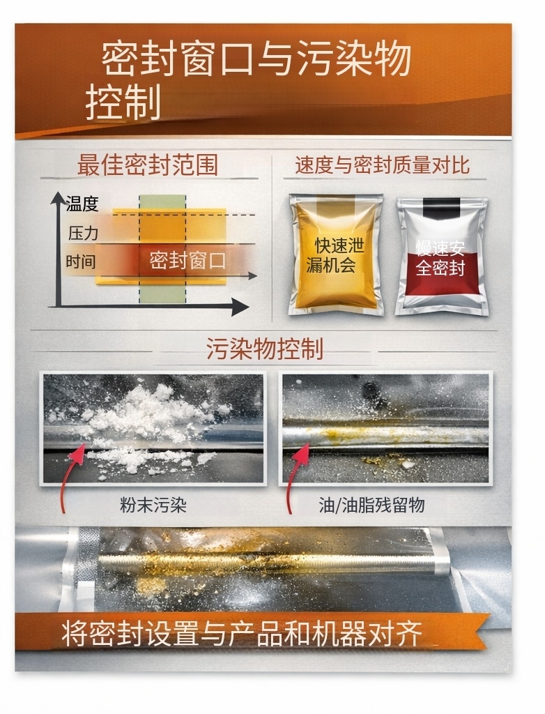 自动包装机用卷膜的热封窗口与抗污染封口要点示意