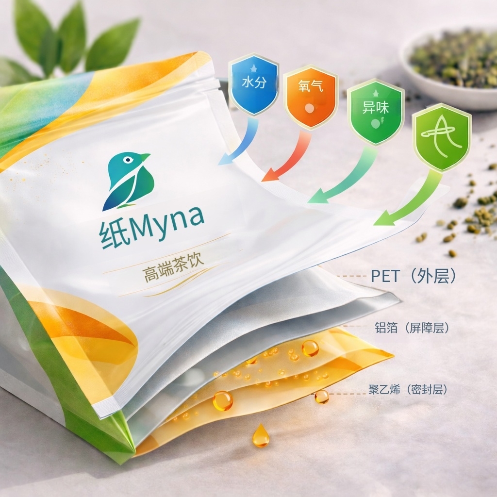 高阻隔软包装结构设计与性能目标示意（阻氧阻湿保香）