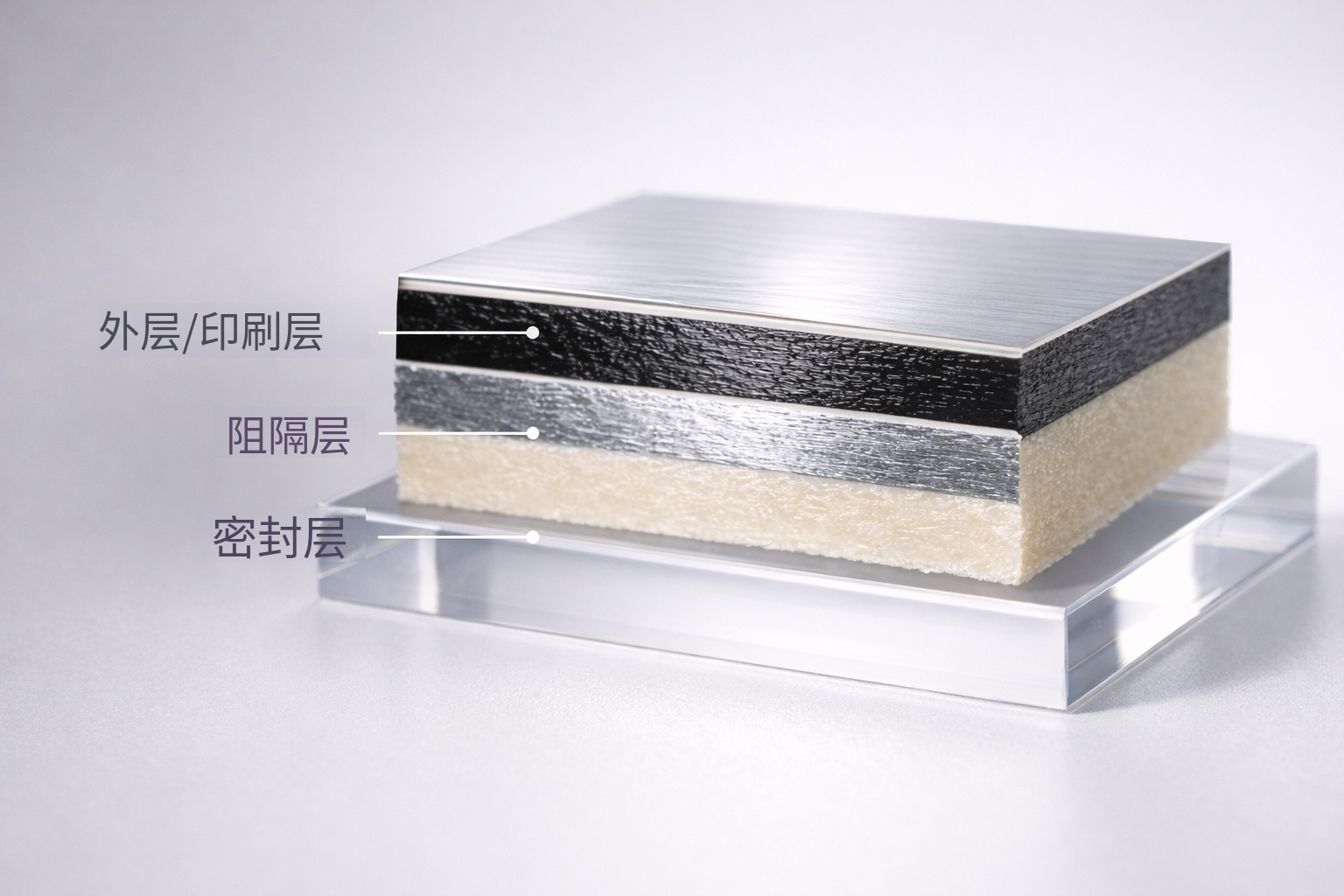 食品包装袋复合膜结构示意（外层中层内层与阻隔层组合）