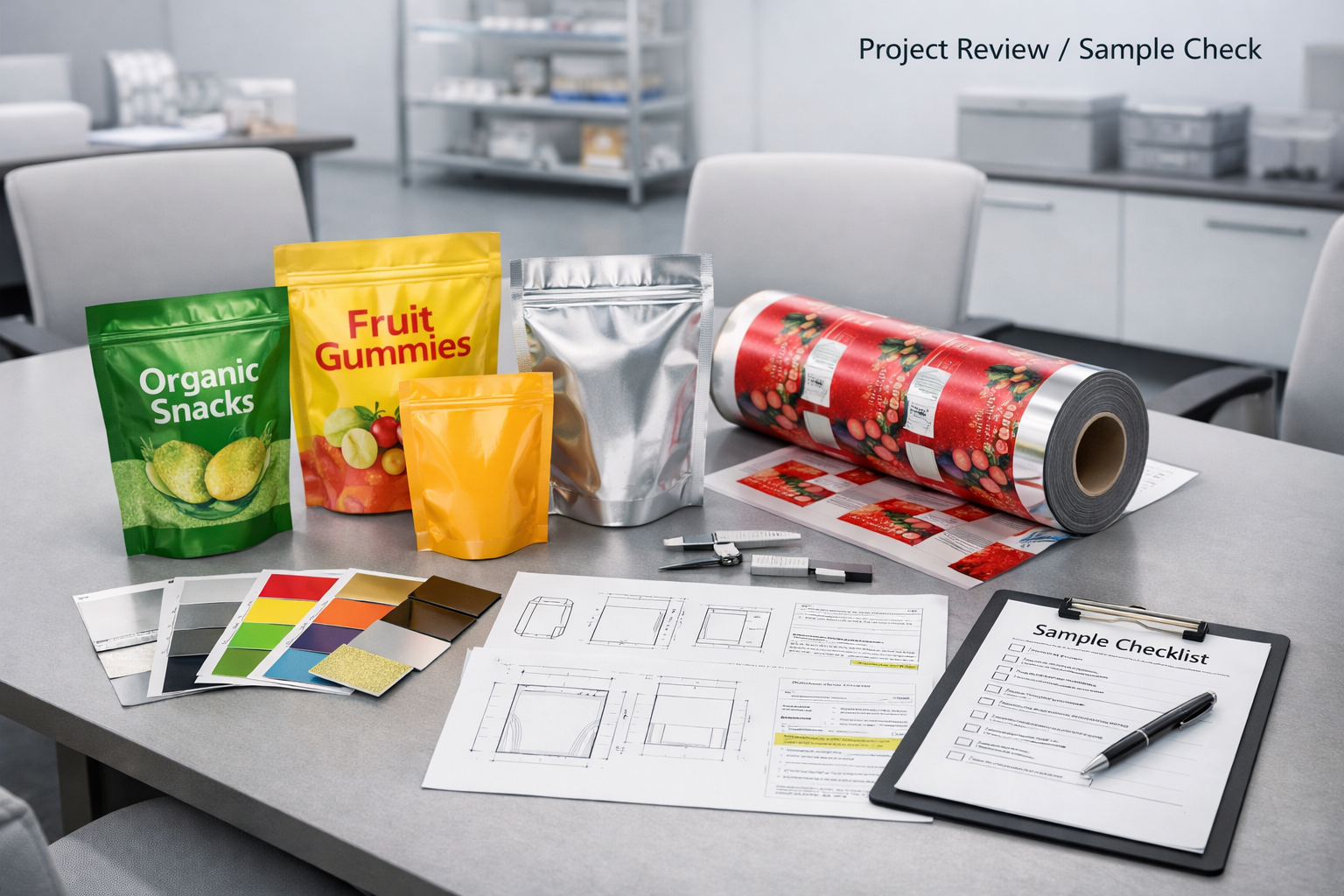 软包装项目打样与量产评审场景，展示包装样袋、卷膜样品与结构确认资料