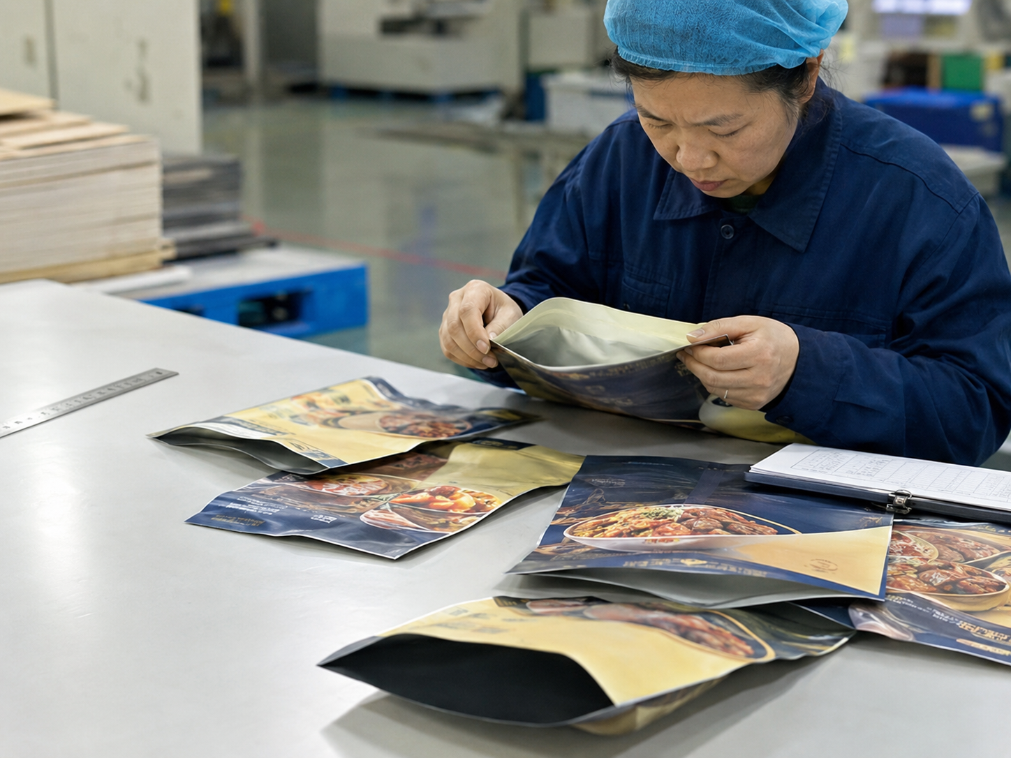 工厂质检人员检查复合包装袋卷边、翘边和袋口平整度