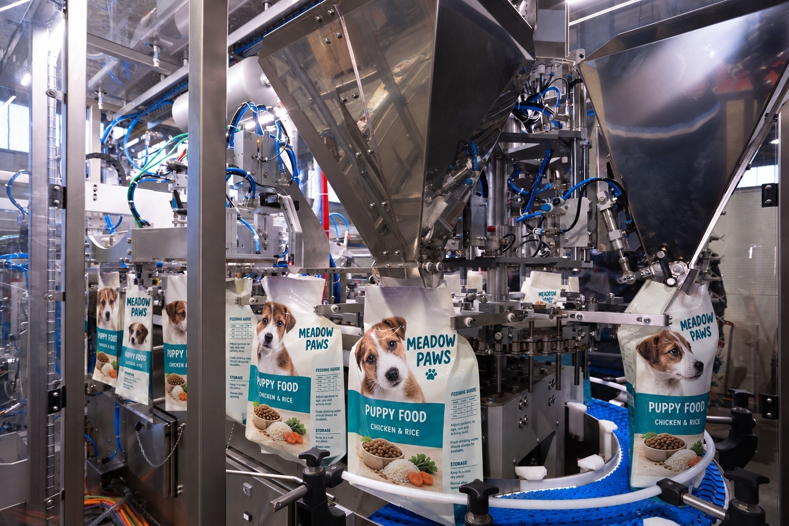白色和蓝绿色宠物食品袋位于不锈钢料斗下方，展示预制袋灌装位置